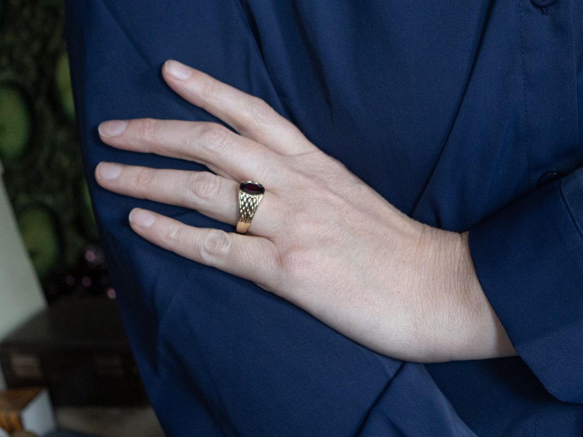 Bold Rhodolite Garnet Textured Gold Unisex Ring