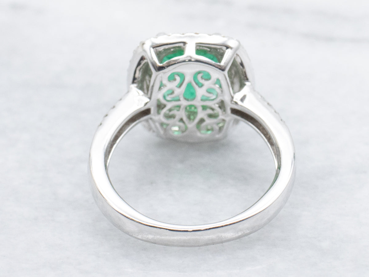 Modern Emerald and Double Diamond Halo White Gold Ring