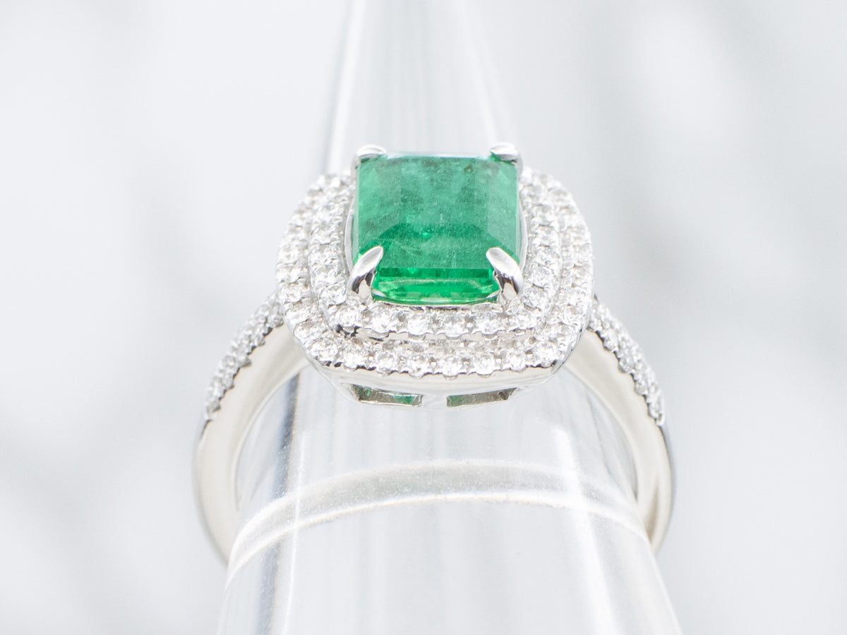 Modern Emerald and Double Diamond Halo White Gold Ring