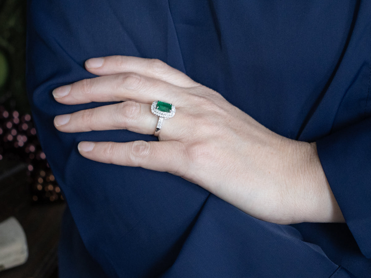 Modern Emerald and Double Diamond Halo White Gold Ring