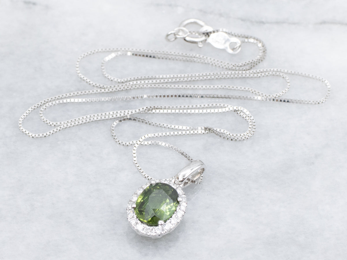 Modern Green Sapphire and Diamond Halo Pendant Necklace