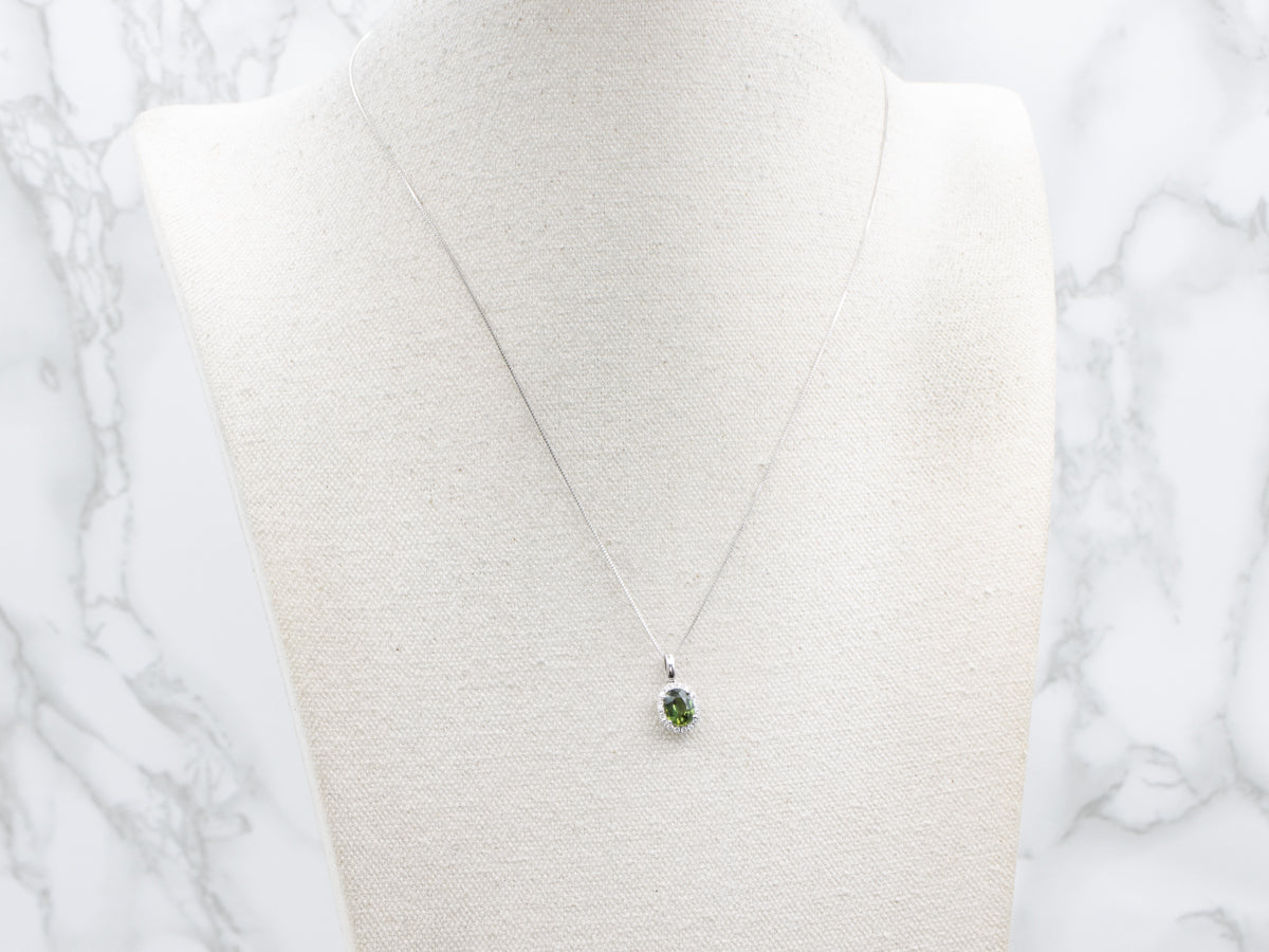 Modern Green Sapphire and Diamond Halo Pendant Necklace