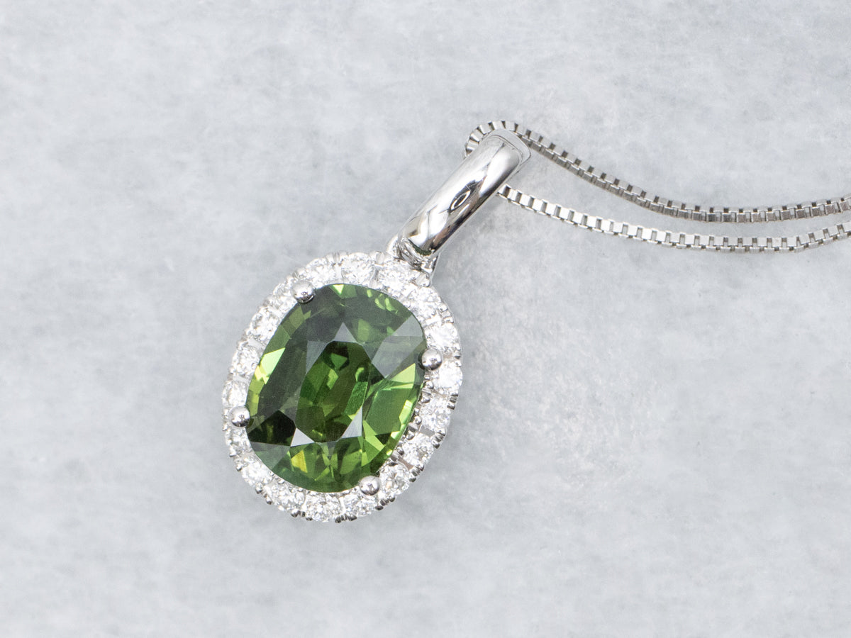 Modern Green Sapphire and Diamond Halo Pendant Necklace