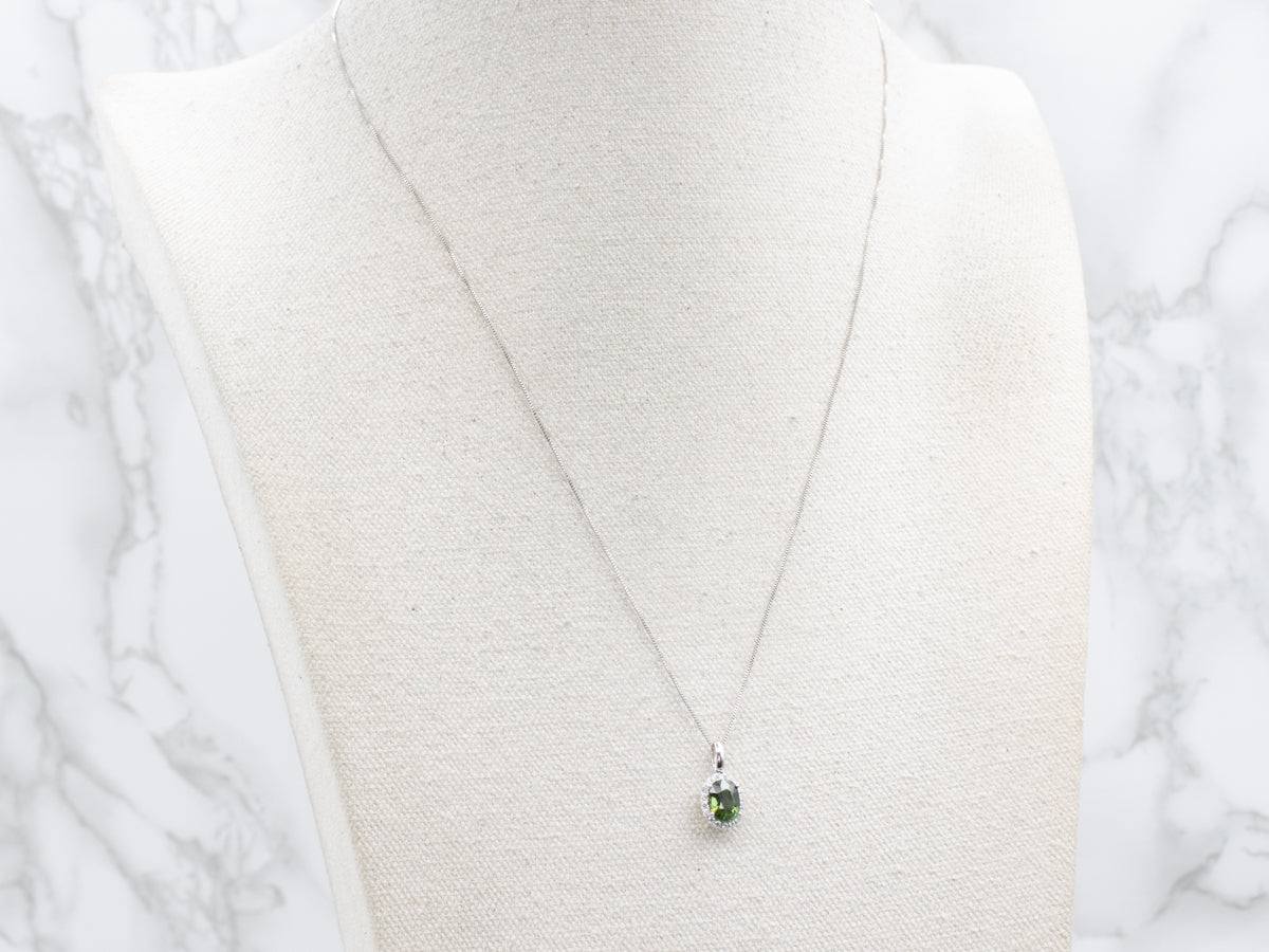 Modern Green Sapphire and Diamond Halo Pendant Necklace
