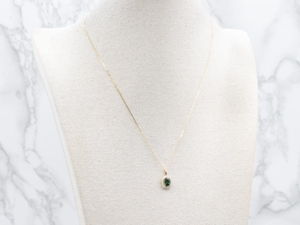 Modern Green Sapphire and Diamond Halo Pendant Necklace