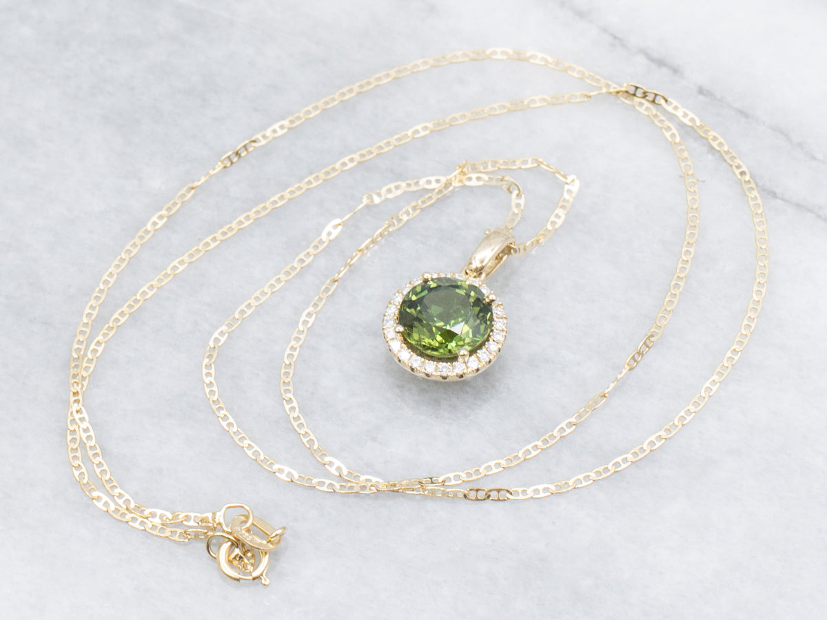 Round-Cut Green Sapphire and Diamond Halo Necklace
