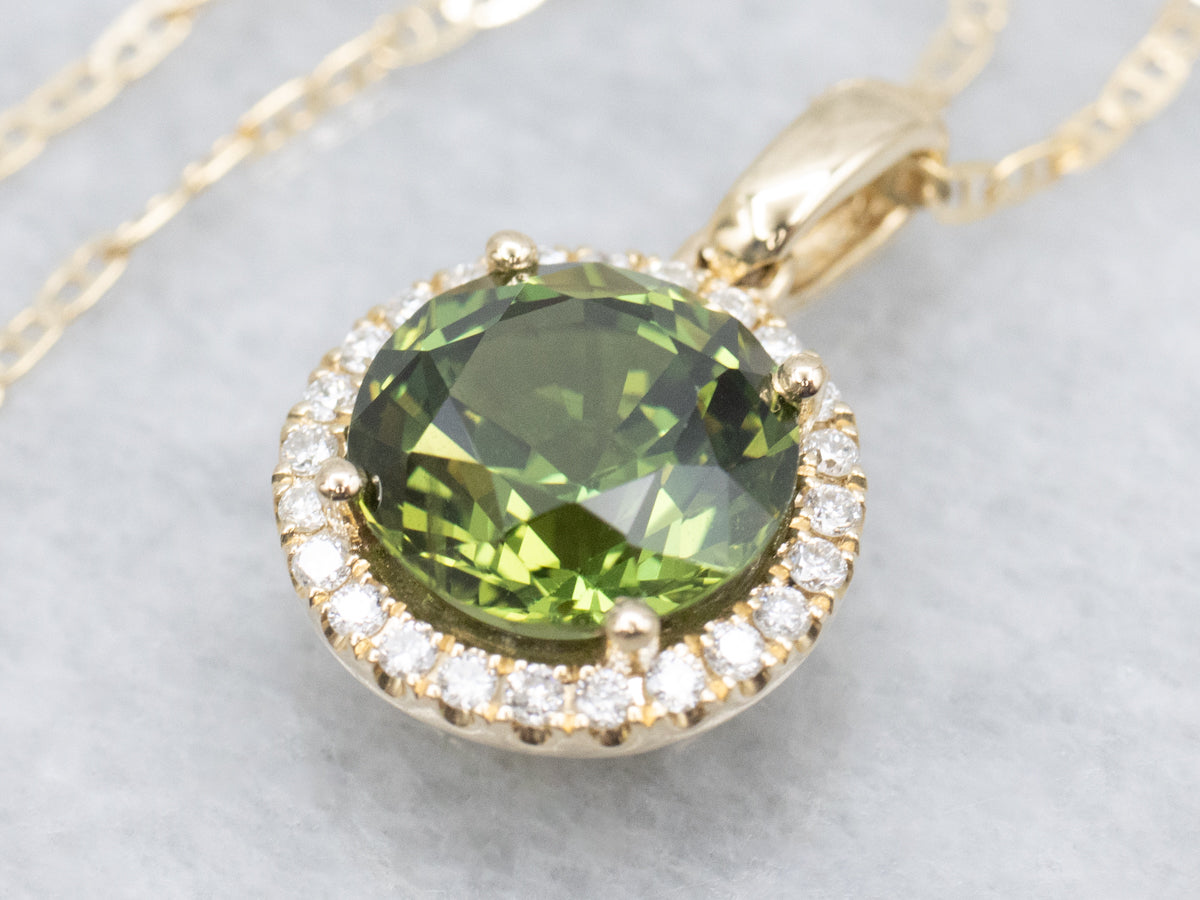Round-Cut Green Sapphire and Diamond Halo Necklace