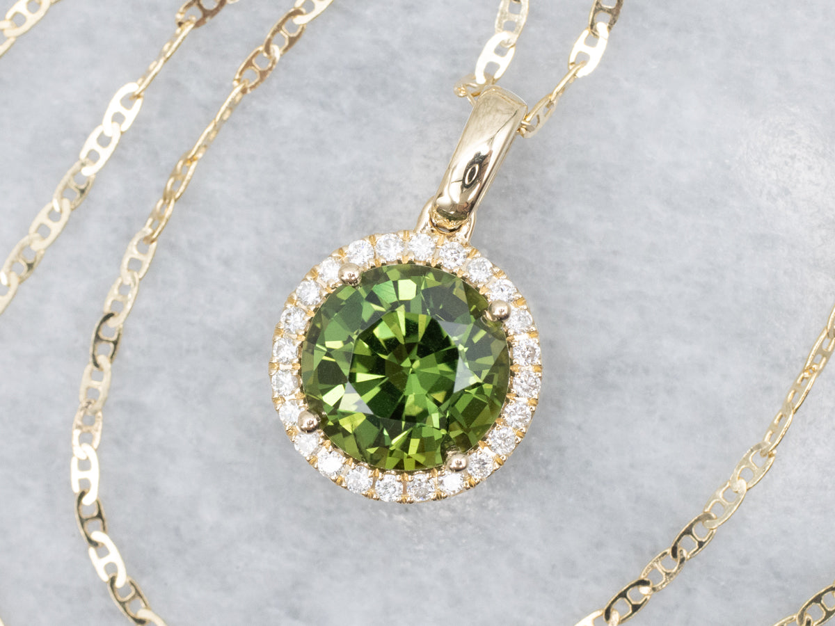 Round-Cut Green Sapphire and Diamond Halo Necklace