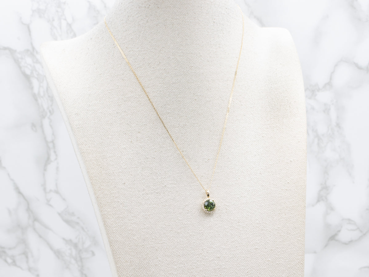 Round-Cut Green Sapphire and Diamond Halo Necklace