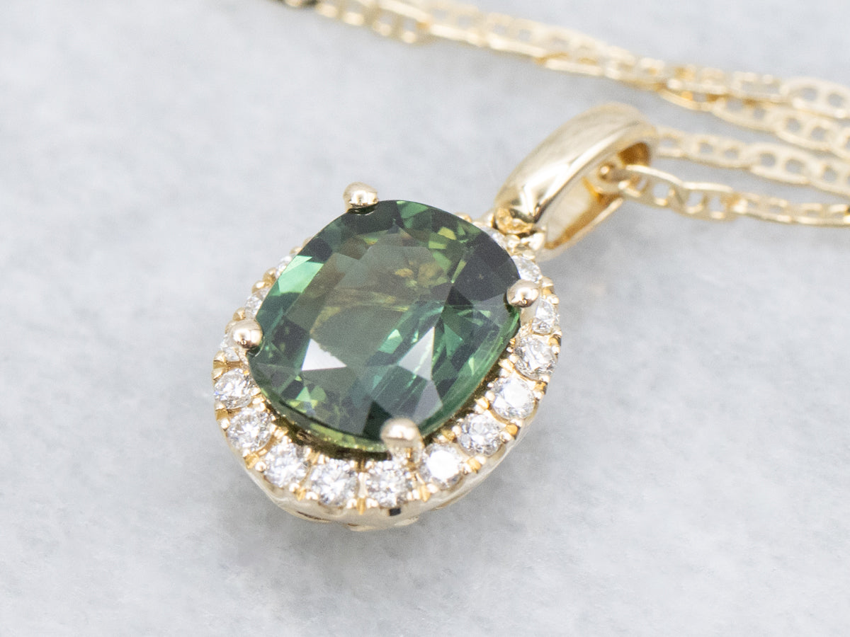 Blue-Green Sapphire and Diamond Halo Gold Pendant Necklace