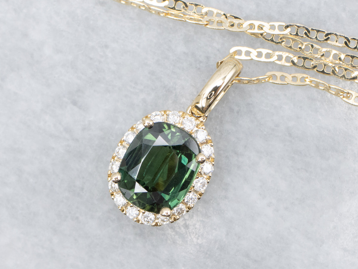Blue-Green Sapphire and Diamond Halo Gold Pendant Necklace