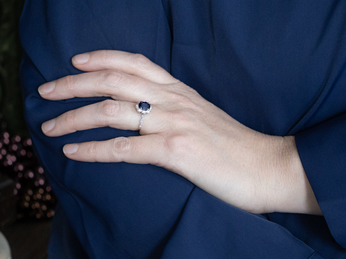 Sapphire and Diamond Scalloped Halo Modern Ring