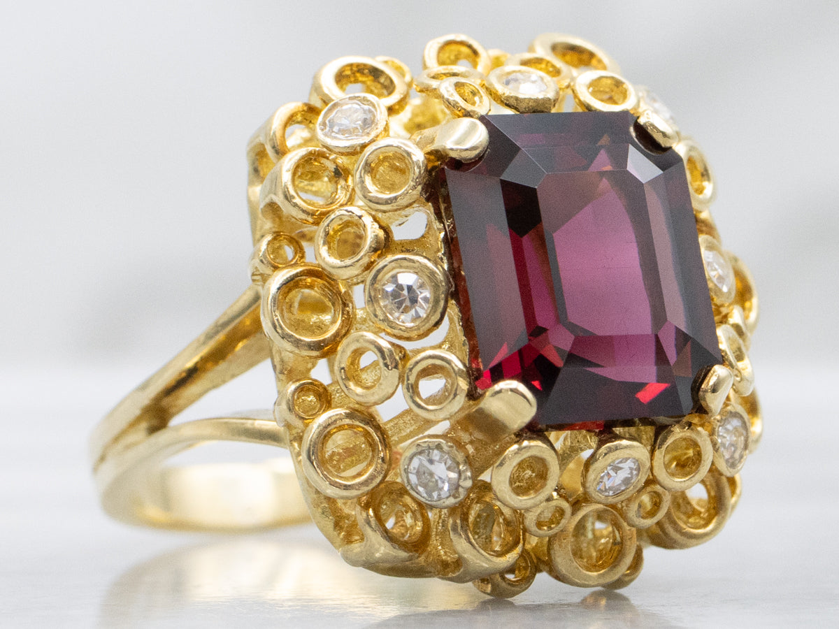 18K Gold Modernist Garnet and Diamond Cocktail Ring