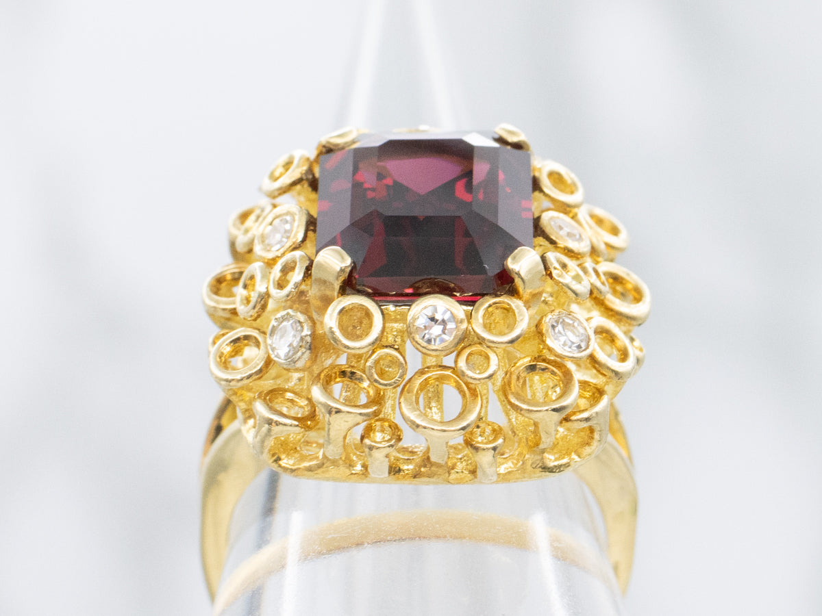 18K Gold Modernist Garnet and Diamond Cocktail Ring