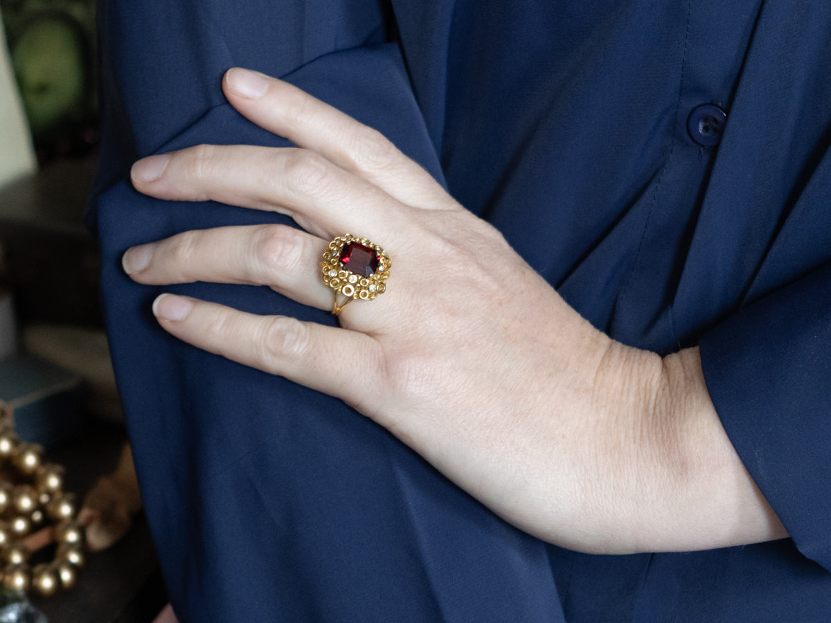 18K Gold Modernist Garnet and Diamond Cocktail Ring
