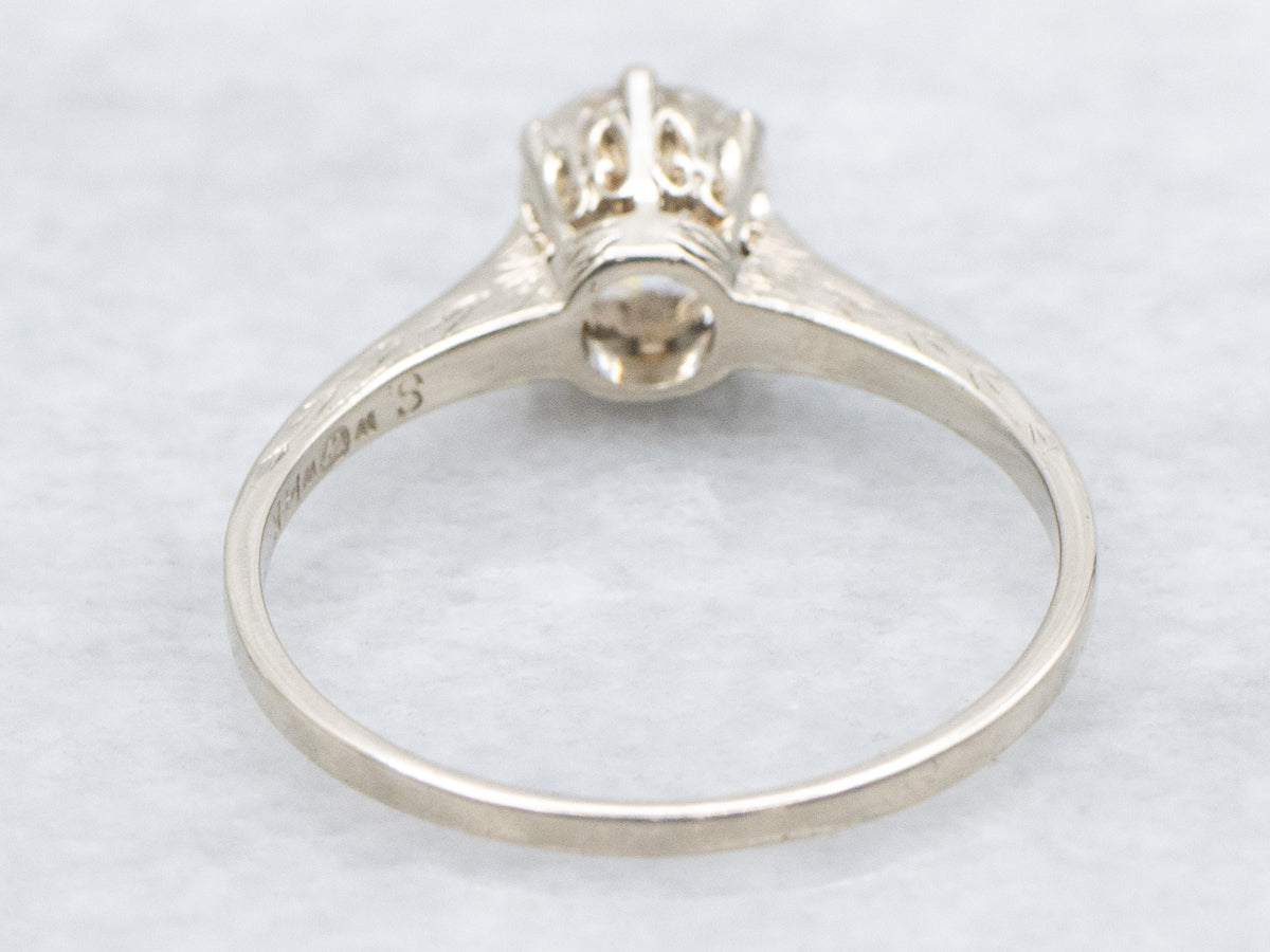 Antique Old European Cut Diamond Engagement Ring with Hand Engravings