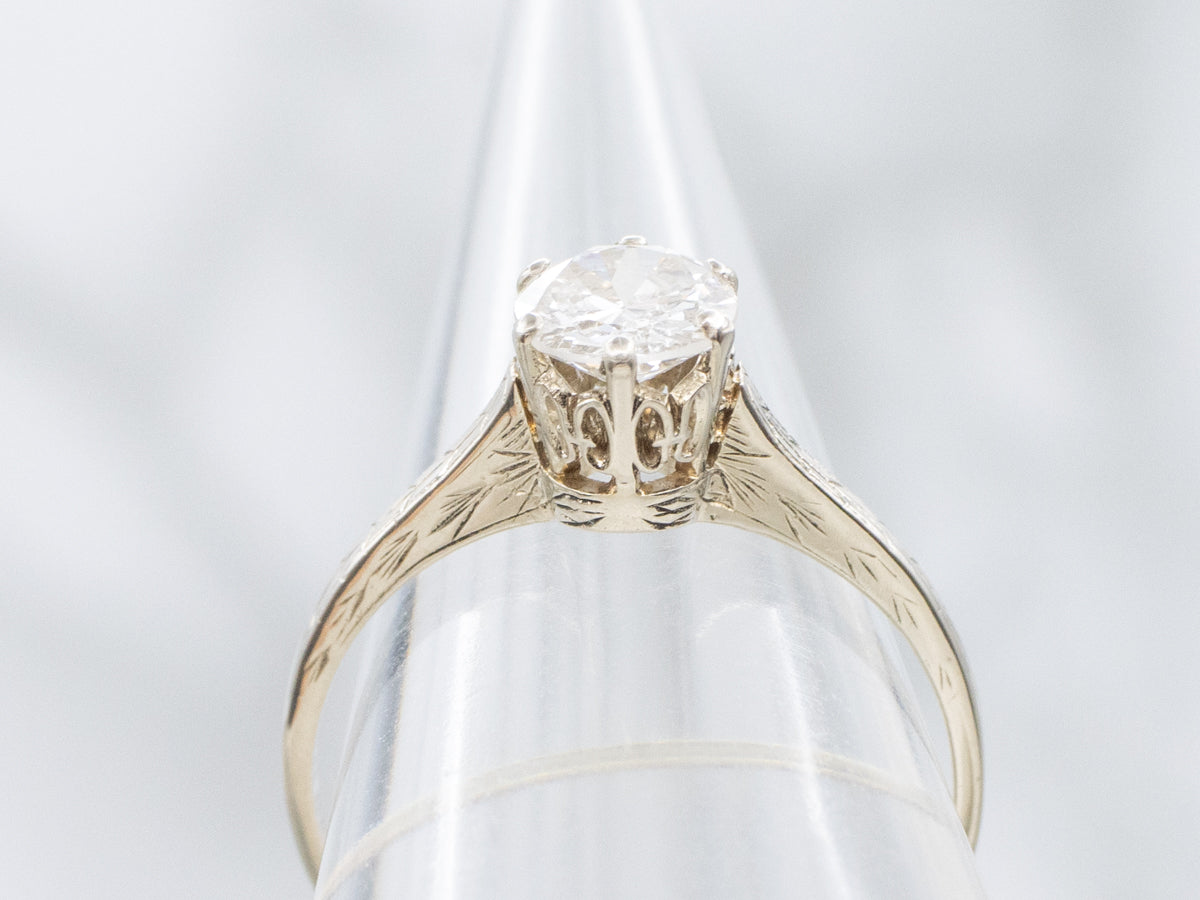Antique Old European Cut Diamond Engagement Ring with Hand Engravings