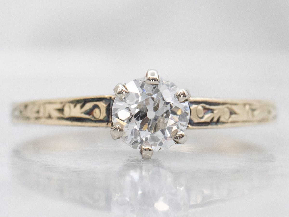 Ornate Old Mine Cut Diamond Engraved Gold Solitaire Engagement Ring