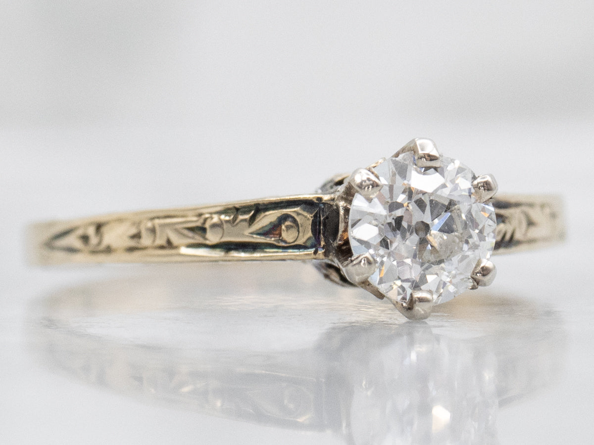 Ornate Old Mine Cut Diamond Engraved Gold Solitaire Engagement Ring