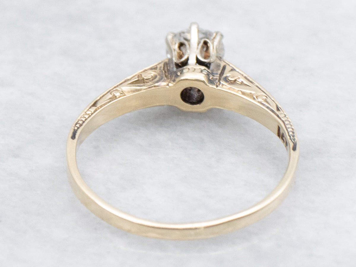 Ornate Old Mine Cut Diamond Engraved Gold Solitaire Engagement Ring