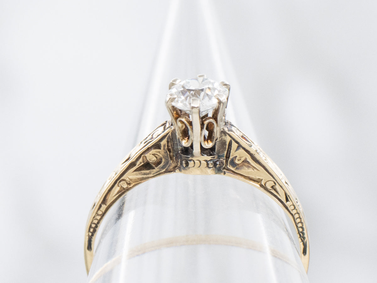 Ornate Old Mine Cut Diamond Engraved Gold Solitaire Engagement Ring