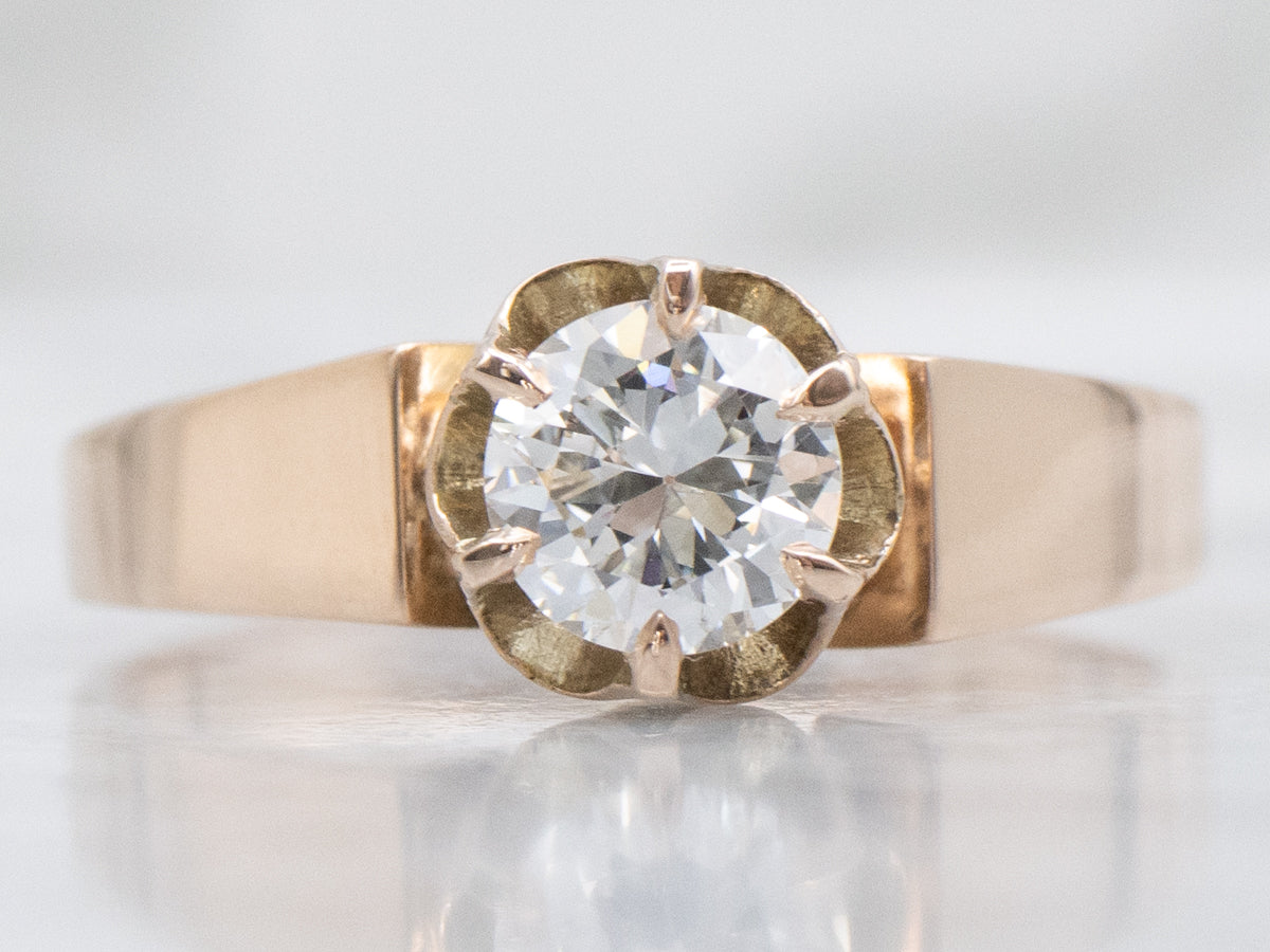 Antique European-Cut Buttercup-Set Diamond Solitaire Engagement Ring