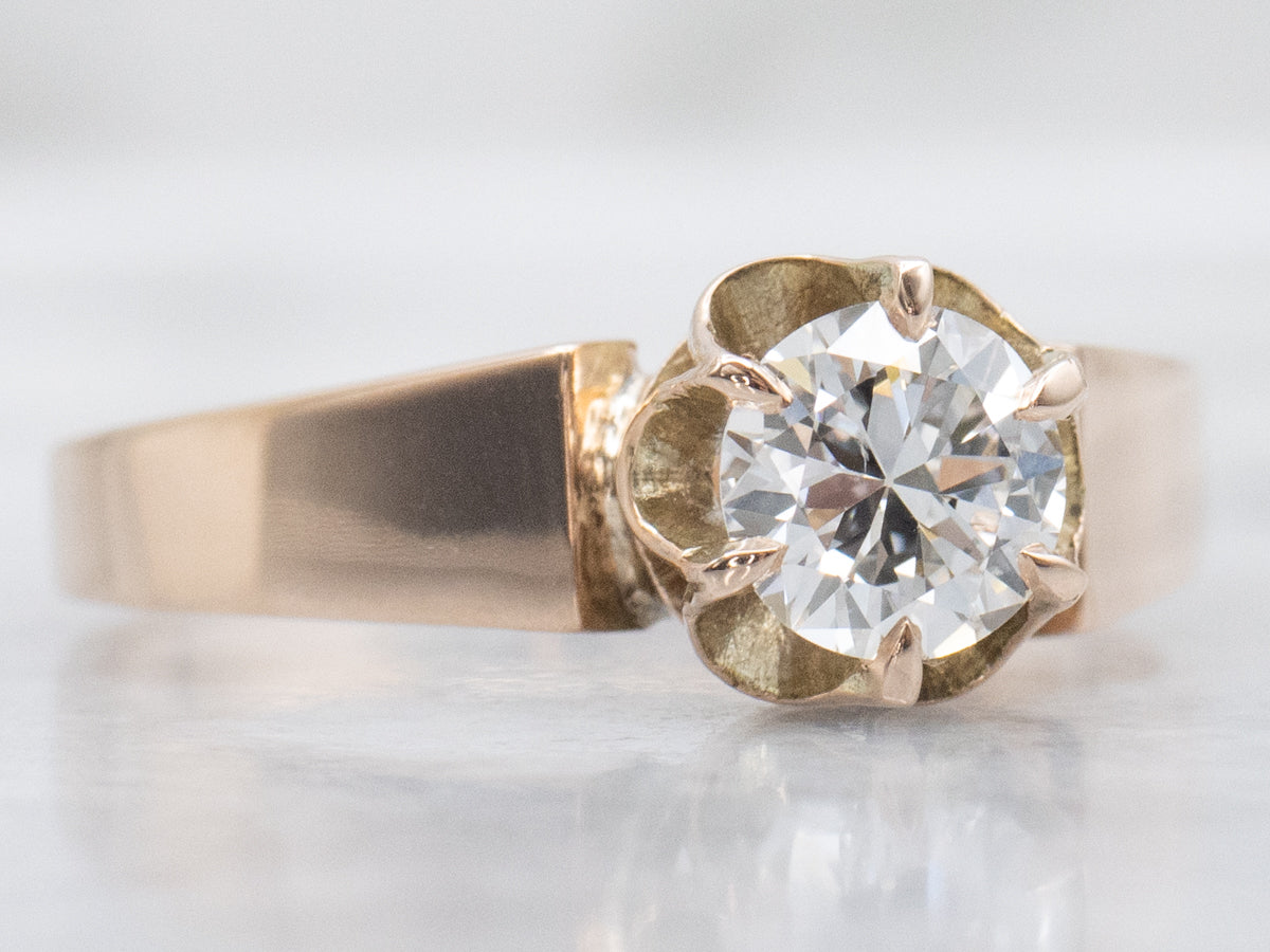 Antique European-Cut Buttercup-Set Diamond Solitaire Engagement Ring