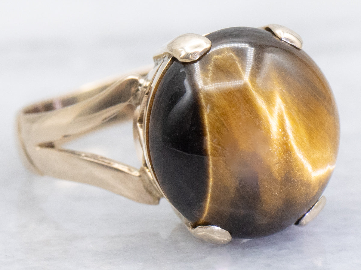 Vintage Yellow Gold Tiger's Eye Split Shank Ring