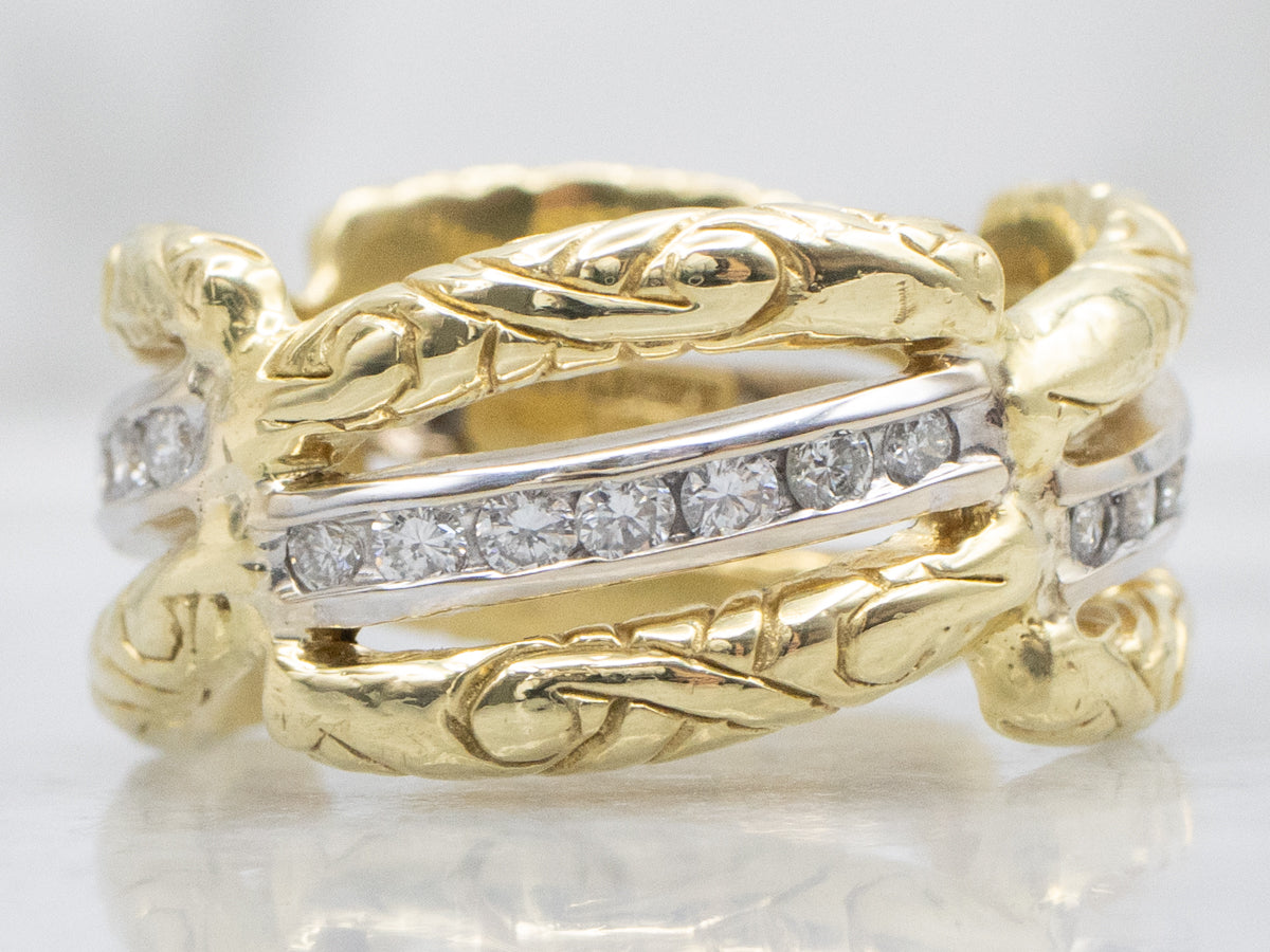 Vintage Engraved Gold Wide Diamond Band