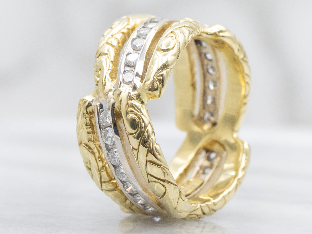 Vintage Engraved Gold Wide Diamond Band