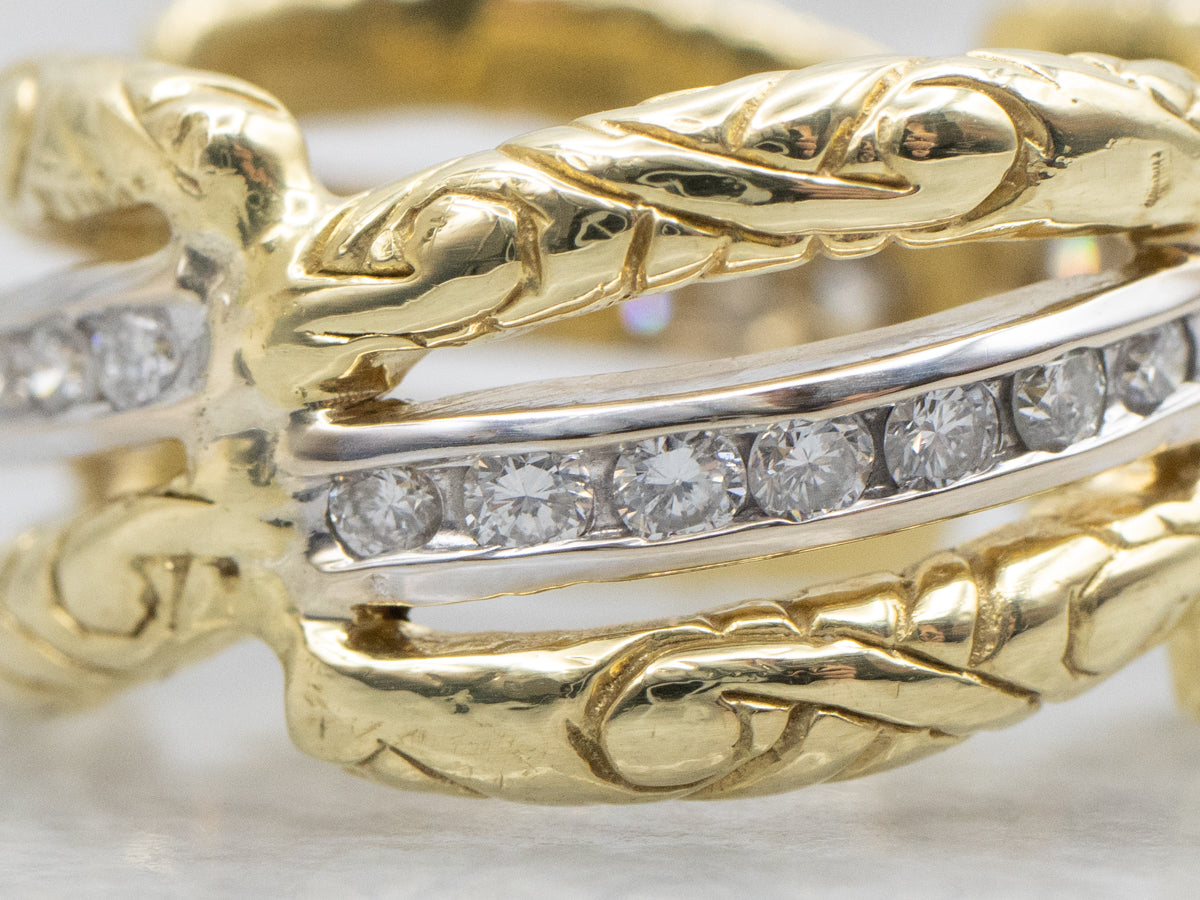 Vintage Engraved Gold Wide Diamond Band