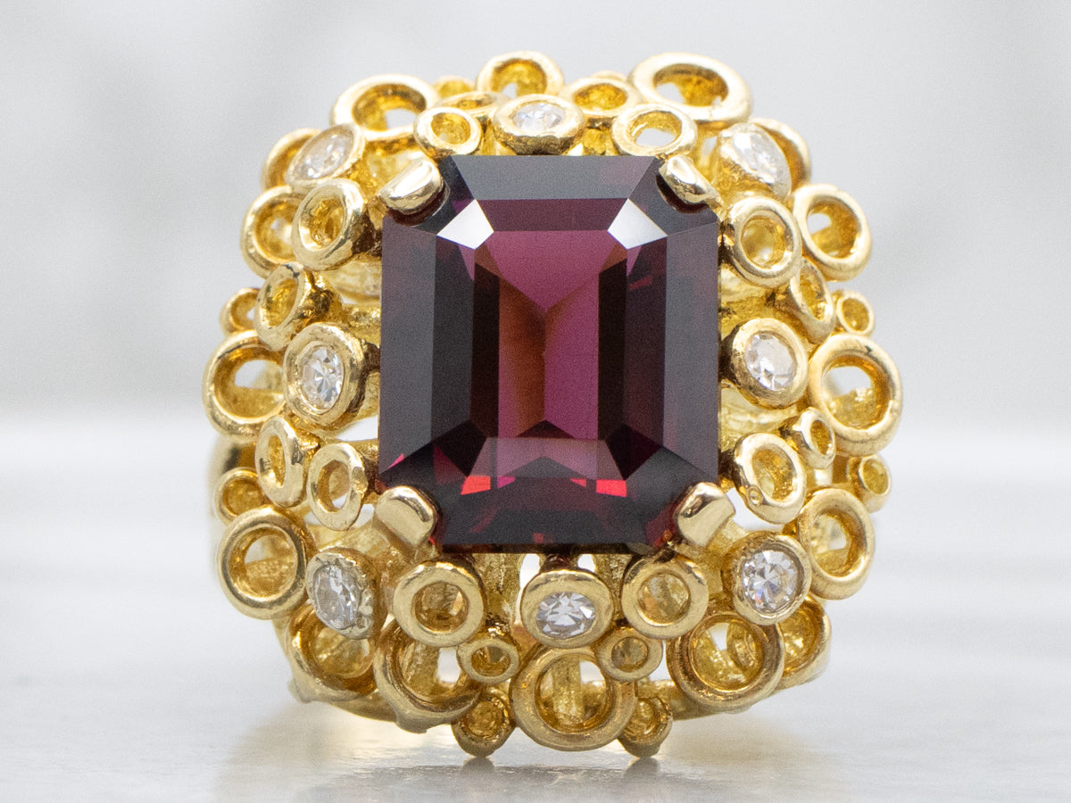 18K Gold Modernist Garnet and Diamond Cocktail Ring