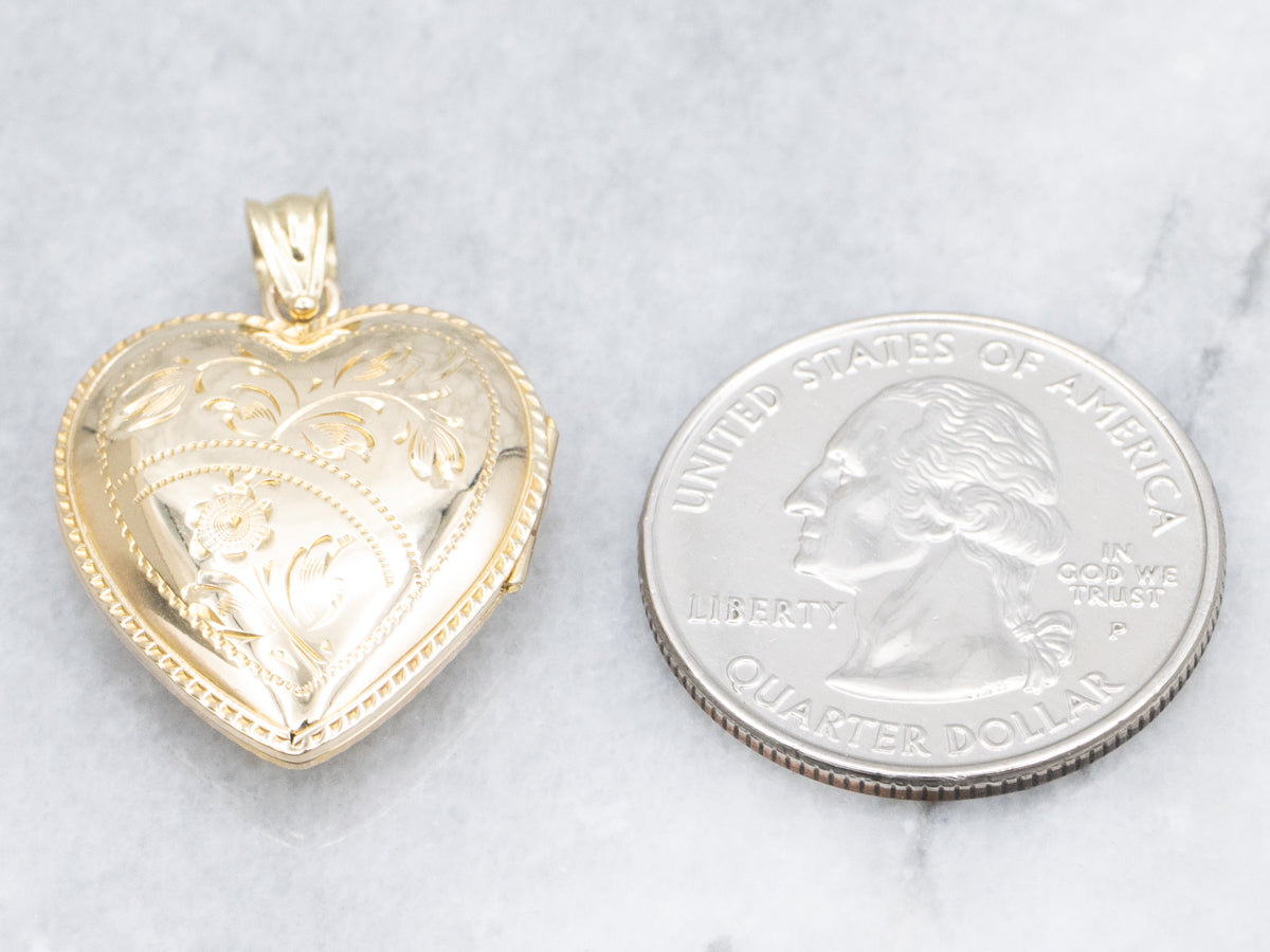 Vintage Engraved Gold Floral Heart Locket