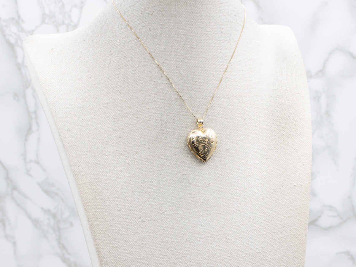 Vintage Engraved Gold Floral Heart Locket
