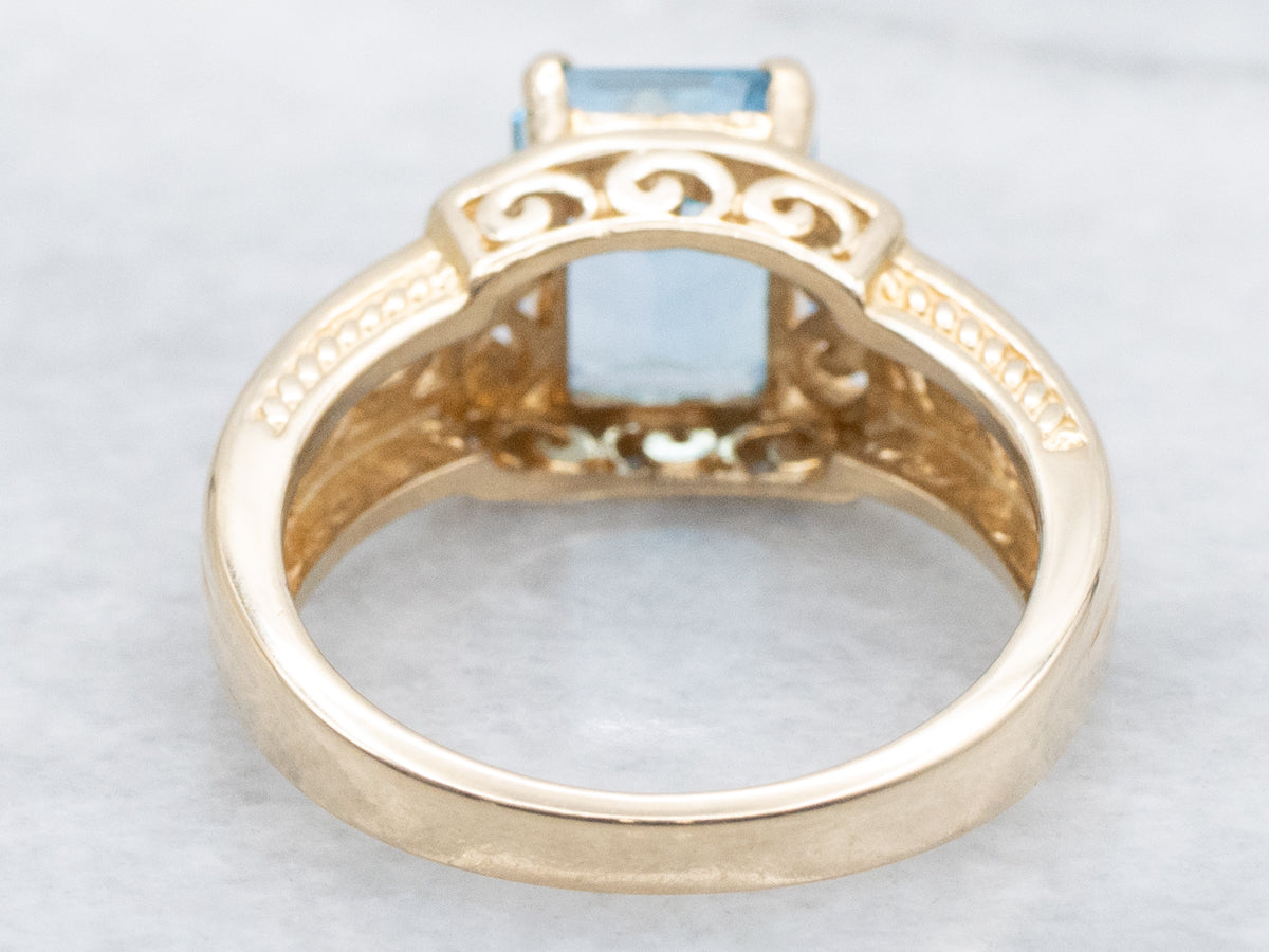 London Blue Topaz Scrolling Filigree Gold Solitaire Ring