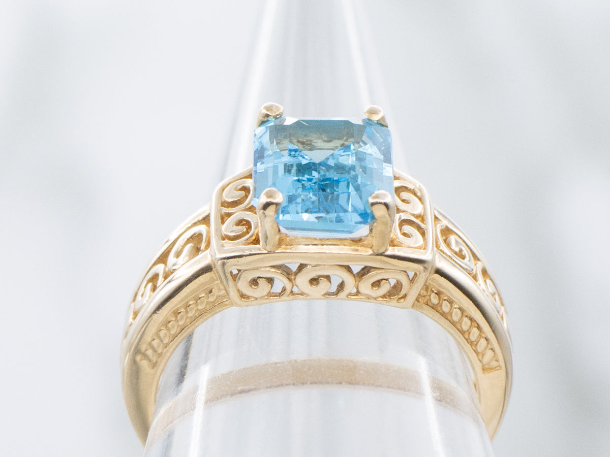 London Blue Topaz Scrolling Filigree Gold Solitaire Ring