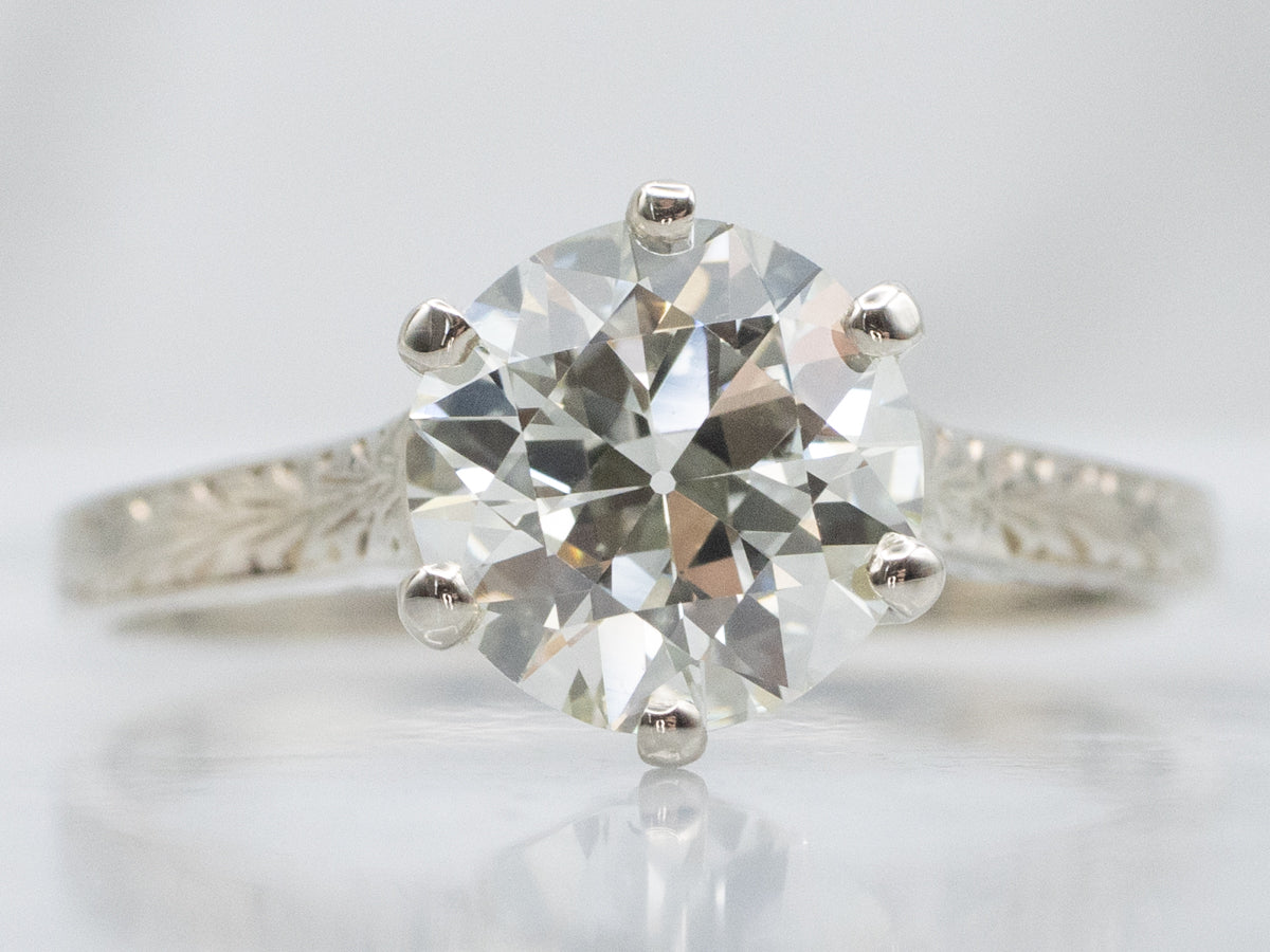 GIA Certified European Cut Diamond White Gold Engagement Ring with Hand Engravings