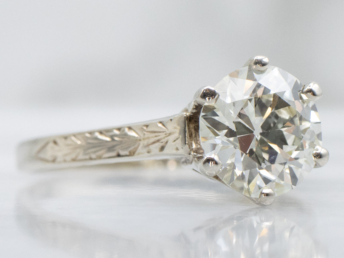 GIA Certified European Cut Diamond White Gold Engagement Ring with Hand Engravings
