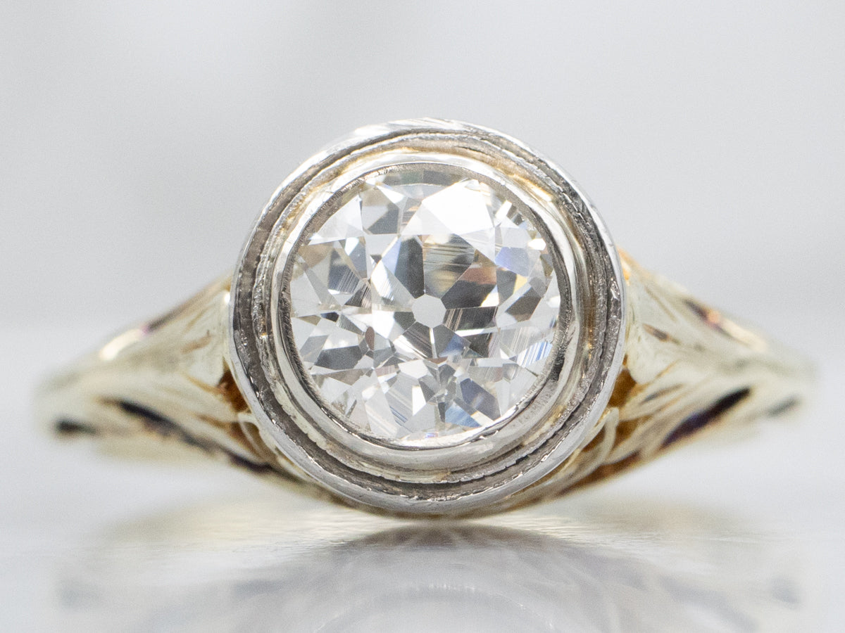 Antique Bezel-Set Old Mine Cut Diamond Filigree Engagement Ring