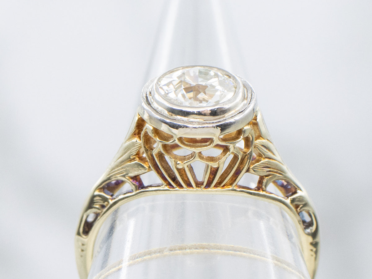 Antique Bezel-Set Old Mine Cut Diamond Filigree Engagement Ring
