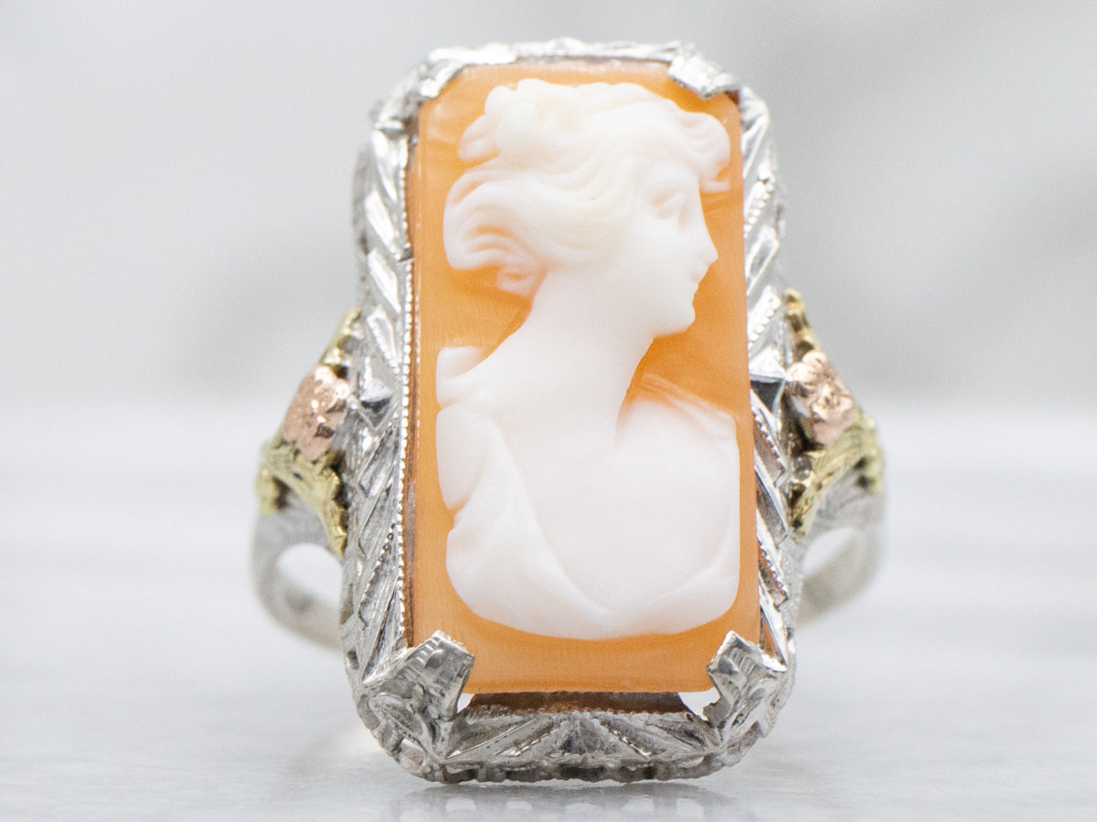 Antique Tri-Color Gold Floral Filigree Cameo Ring
