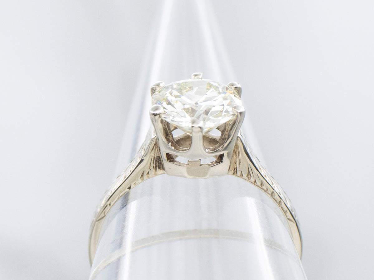 GIA Certified European Cut Diamond White Gold Engagement Ring with Hand Engravings