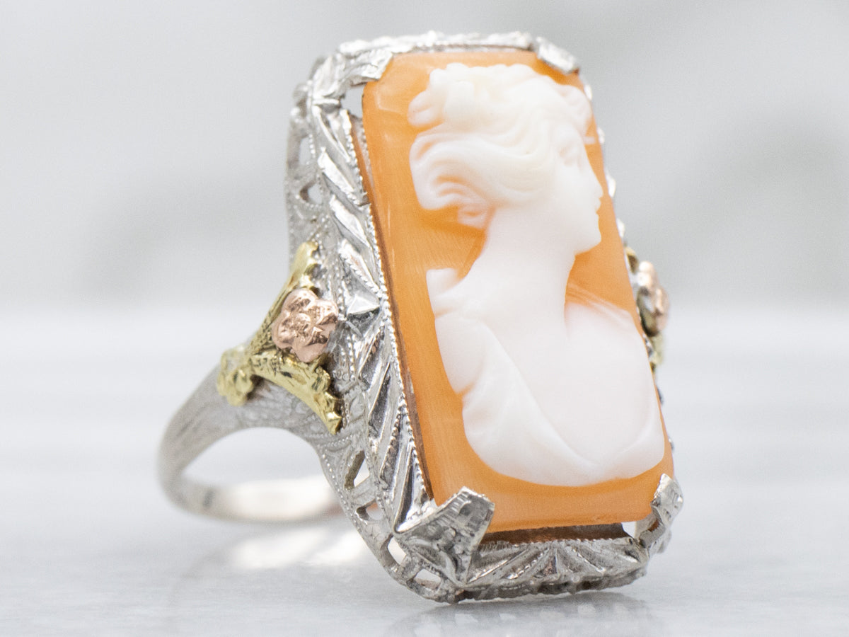 Antique Tri-Color Gold Floral Filigree Cameo Ring