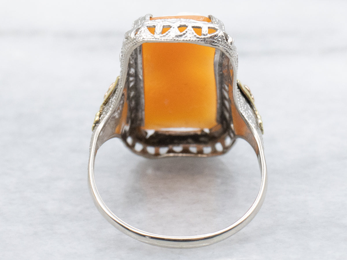 Antique Tri-Color Gold Floral Filigree Cameo Ring