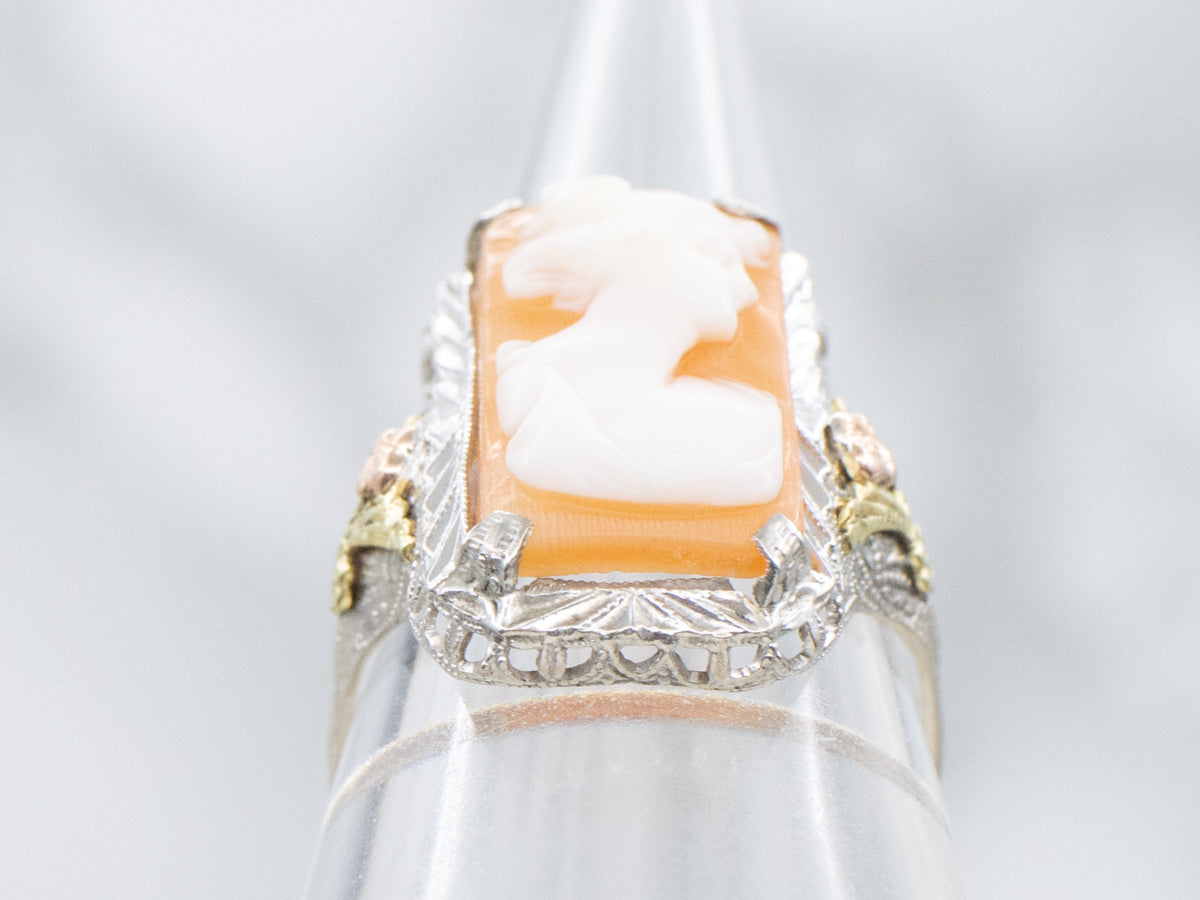 Antique Tri-Color Gold Floral Filigree Cameo Ring