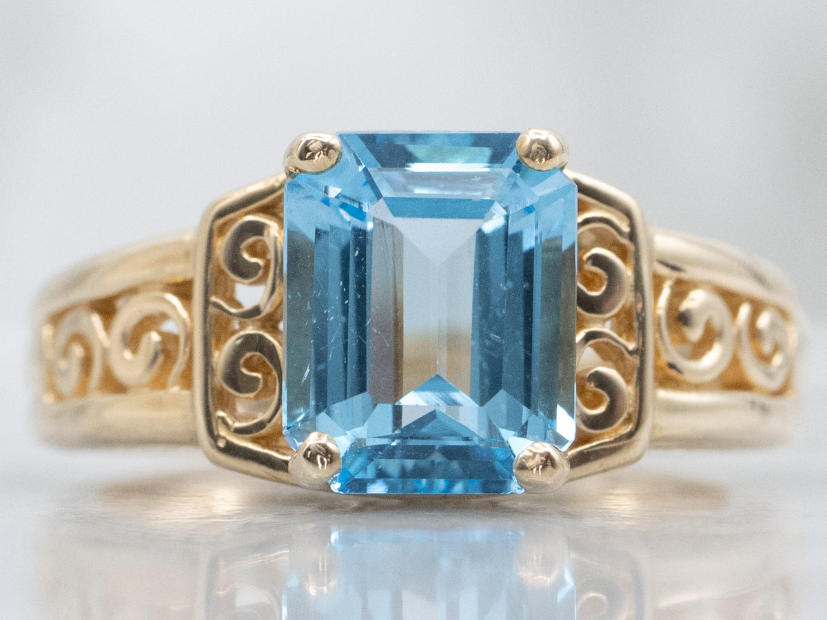London Blue Topaz Scrolling Filigree Gold Solitaire Ring
