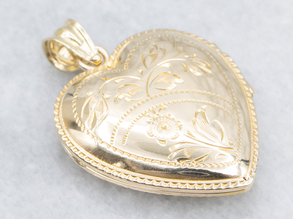 Vintage Engraved Gold Floral Heart Locket