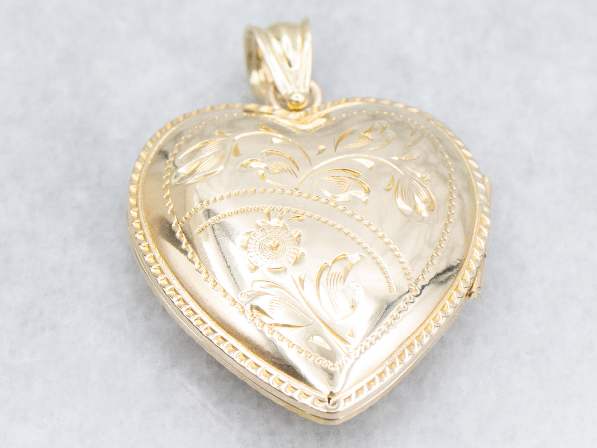 Vintage Engraved Gold Floral Heart Locket