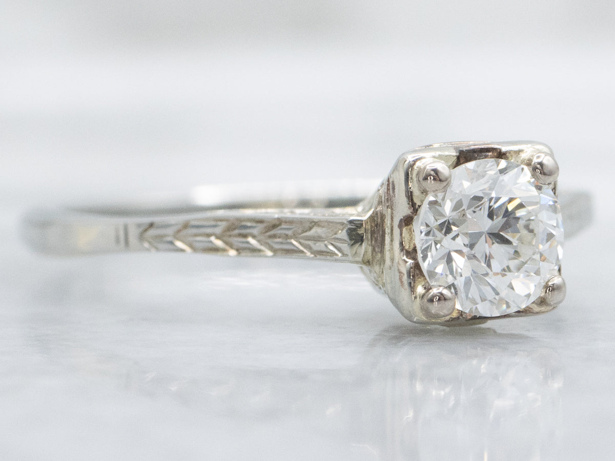 Antique Diamond Solitaire Engraved Gold Engagement Ring