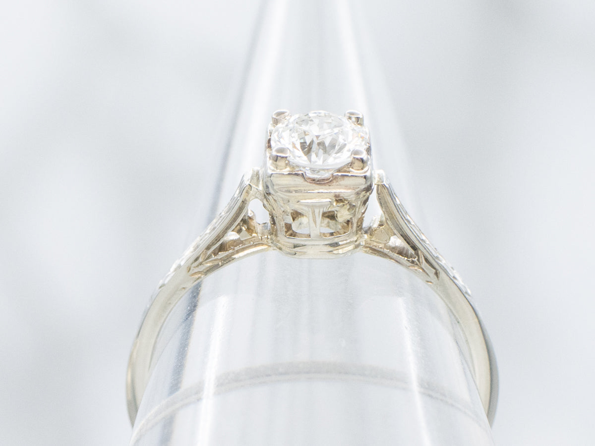 Antique Diamond Solitaire Engraved Gold Engagement Ring